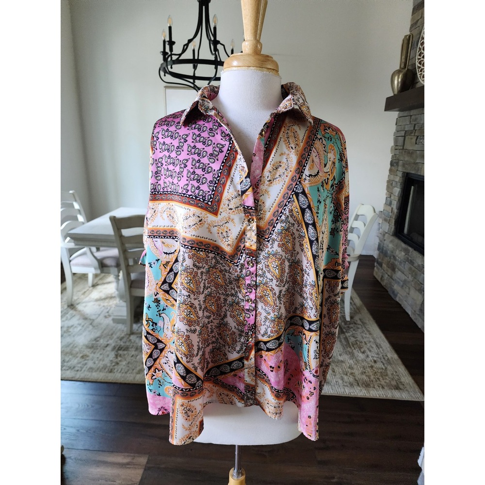 ee:some Womens Small Pink Paisley Scarf Print Oversized Boho Shirt FLAW